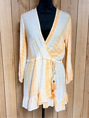 Blue Island Orange & White Tie Dye Faux Wrap Mini Dress Beach Cover Up Size S